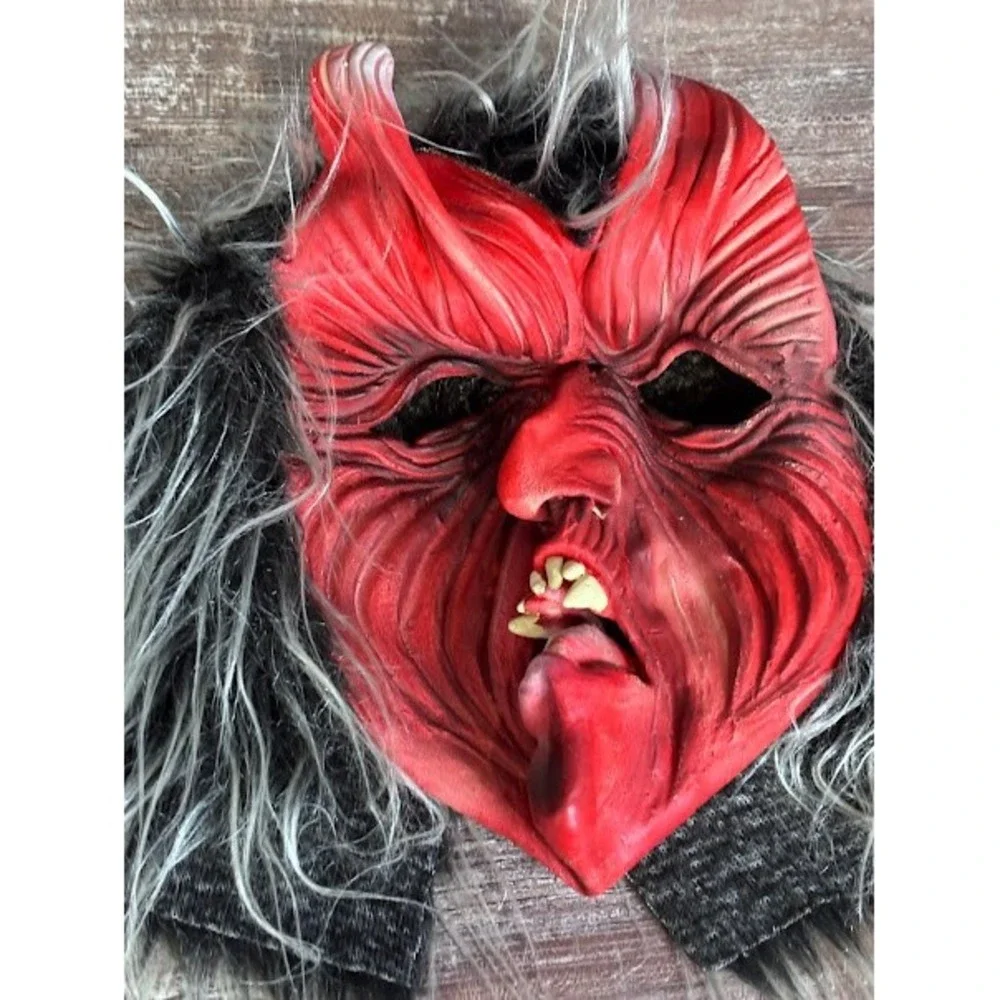 Vintage Red Devil Mask Furry‎ Horned Halloween Costume Party Prop Evil